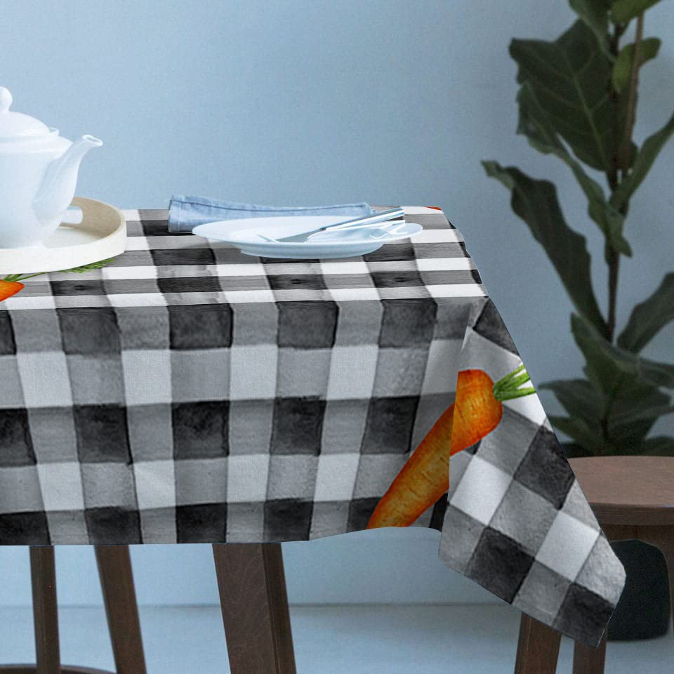 Bunny Plaid Tablecloth Waterproof for RoundRectangleOvalSquare Tablecloth 60x120 in Country Rustic Easter Carrot Black Table