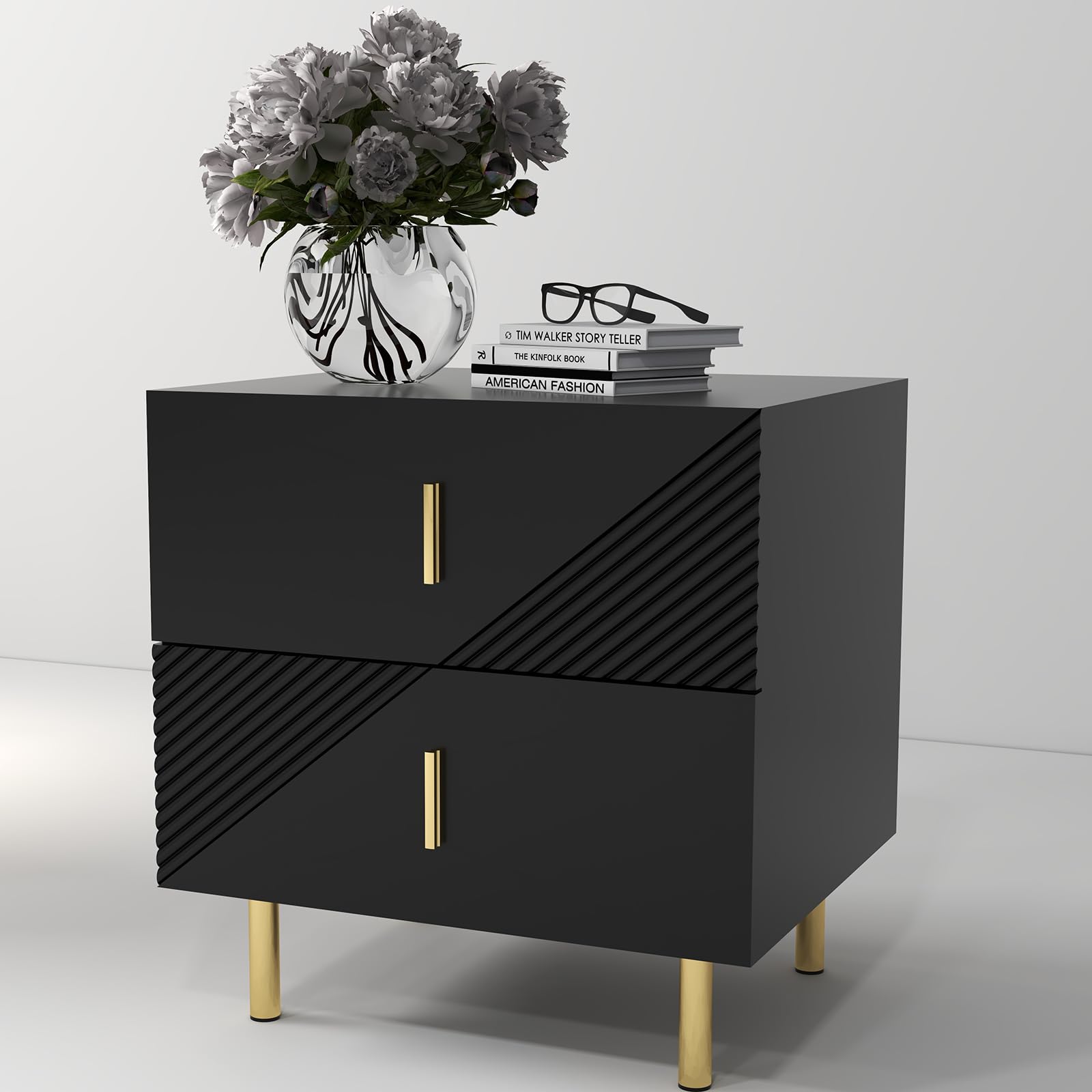 kudikt Black Nightstand with Drawer? Large Nightstand with 2 Drawers