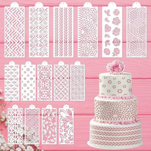 Sitsink Cake Stencils for Baking - 15 Pcs Cookie Stencils for Royal Icing, Flower Roses Cookie Stencils for Buttercream Decorating, Folk Brick Stencils Cookie Decoration, Baking Template Cake Decor