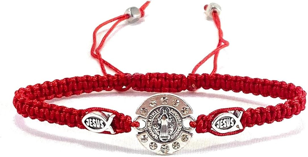 Miniatura 2 de Saint Benedict Red Bracelet with Silver Tone Medal Jesus Christian Fish Symbol Pulsera Roja De San Benito Jesus Grabado En Simbolo De Pescado