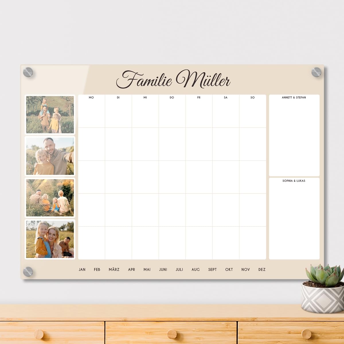 Personalisierter Acrylglas Foto Wandkalender Monatskalender abwischbar DIN A3, A2 oder A1 XXL wählbar inkl. Montagematerial und Edelstahl Abstandhalter, langlebig, klarer UV-Druck