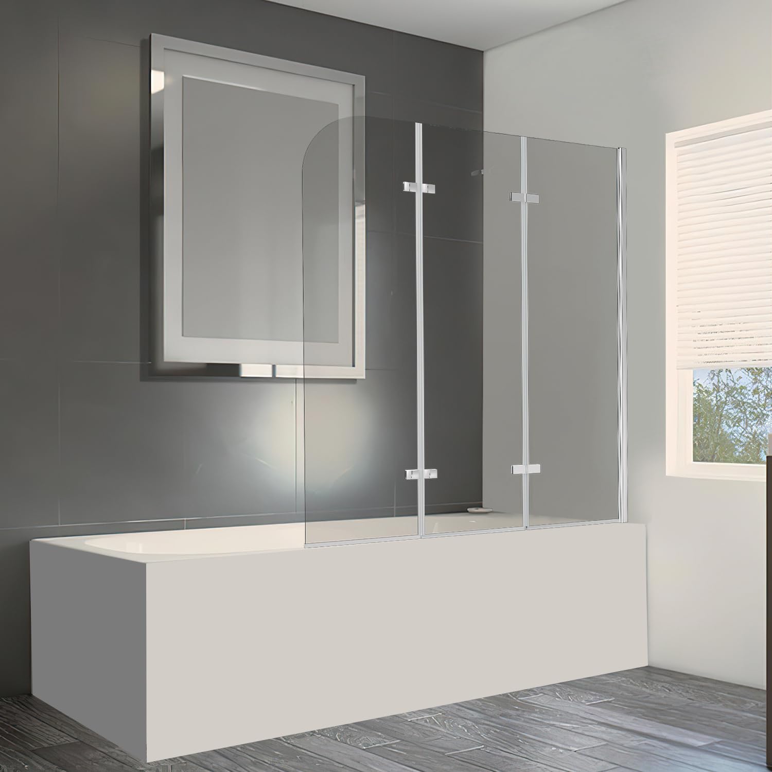 Vasca da bagno 120 x 140 cm, 3 pezzi, pieghevole, per vasca da bagno in vetro di sicurezza ESG da 6 mm, rivestimento nano, girevole a 180°, paraspruzzi, colore: argento