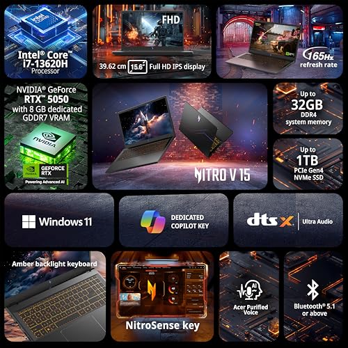 Image of acer Nitro V 15, Intel core i7-13th Gen 13620H,NVIDIA GeForce RTX - 5050 8GB, 16 GB,512 GB,Full HD IPS,15.6 inch /39.62 cm,165 Hz, Win 11 Home, Obsidian Black, 2.113 kg, ANV15-52, Amber KB,Gaming Laptop
