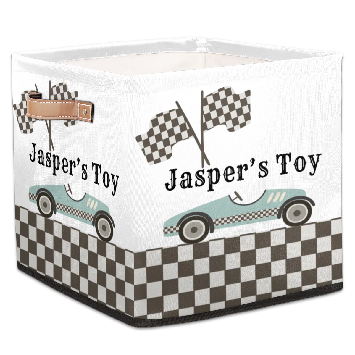 Custom Storage Baskets Personalized Storage Bins Basket Boxes with PU Leather Handles for Clothes Bedroom Closet Organizing Toys Books Shelves Storage Boxes-Blue Race Car