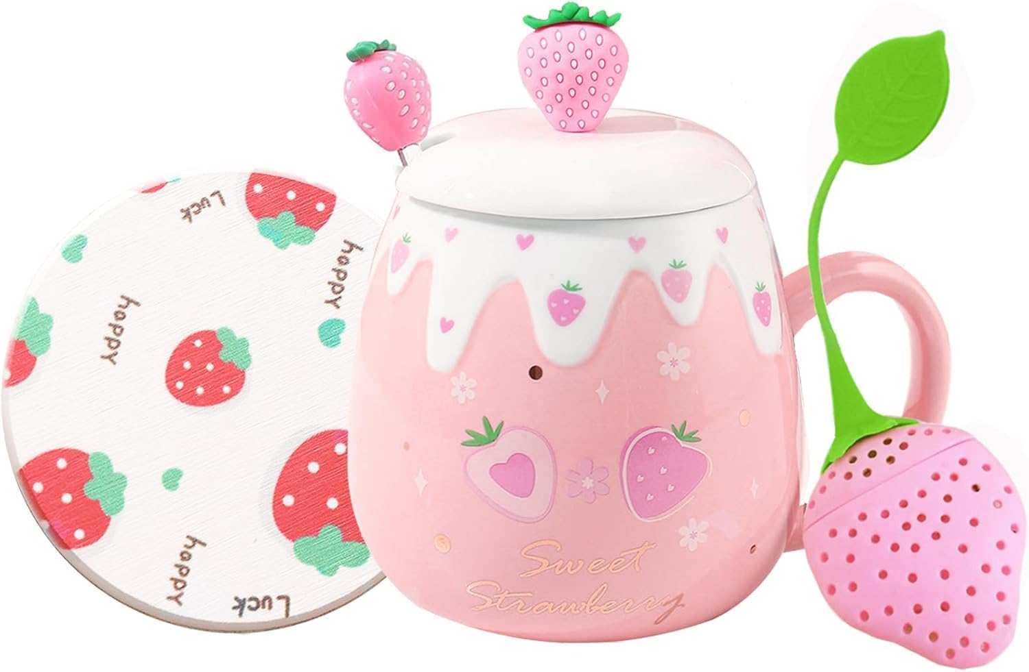 Yalucky Cute Strawberry Mugs Pink Coffee Mug Ceramic Kawaii Morning Tea Milk Juice Mug with Lid and Spoon (S)