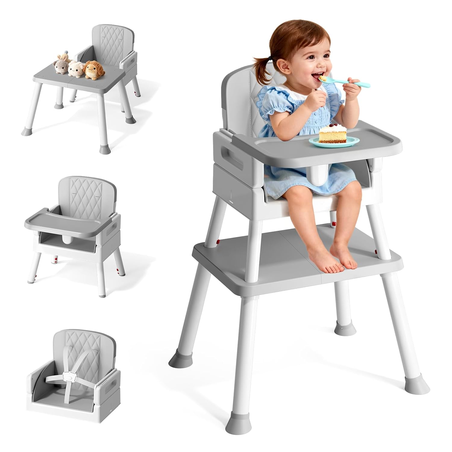 High Chair Baby High Chair Grey 6 in 1 Multifunctional Children’s Chair with Adjustable Tray Easy to Clean Suitable for Ages 6 Months to 3 Years