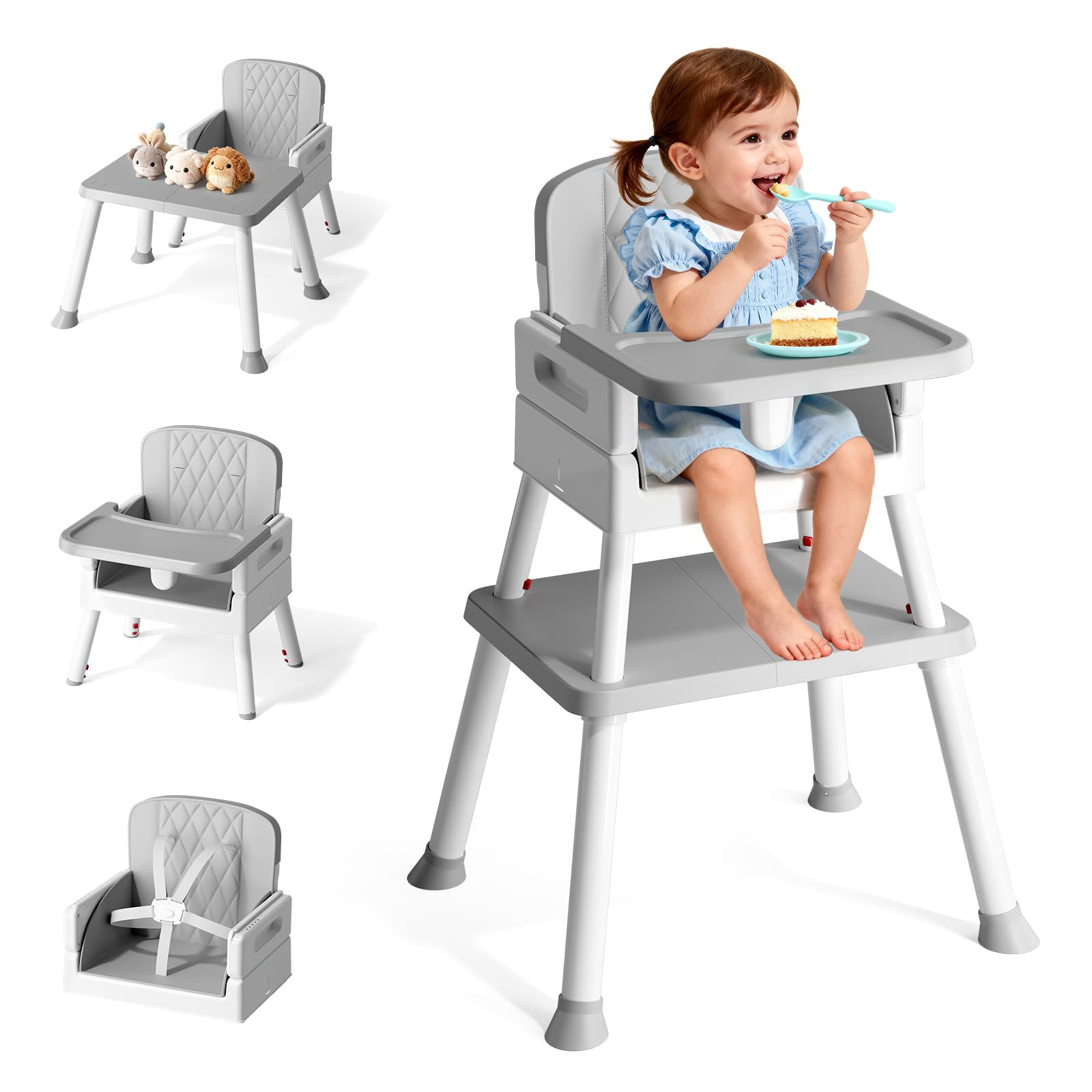 COOSEYA Baby High Chair, 6-in-1 Children's High Chair, Table Seat Set, Multifunctional High Chair, Feeding Chair with Removable Tray, Children's Chair with Safety Belt, Grey (6 M-3 J)