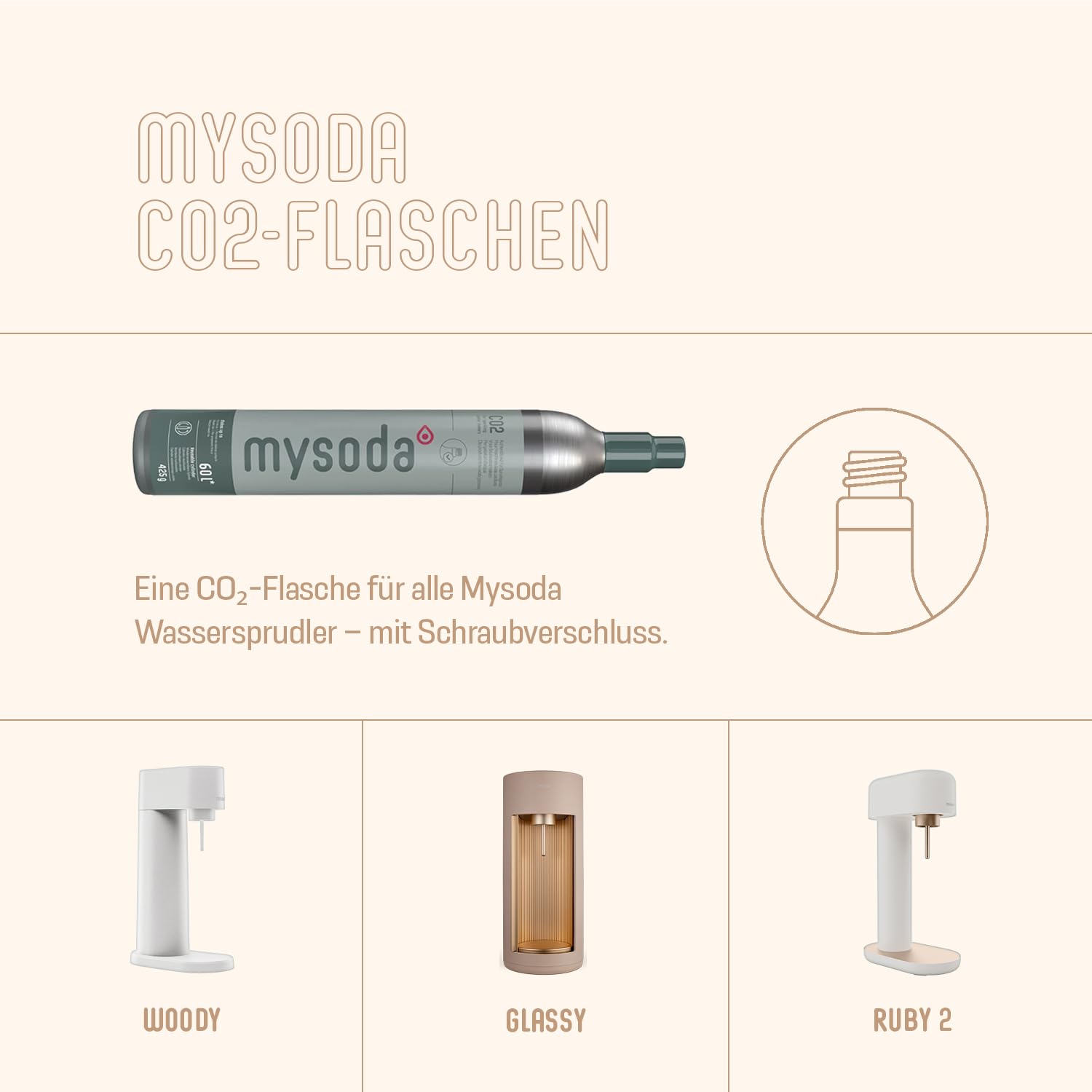 Mysoda: Glassy Wassersprudler aus Holzkomposit und Aluminium mit CO2-Zylinder und 1L Glasflasche - Latte
