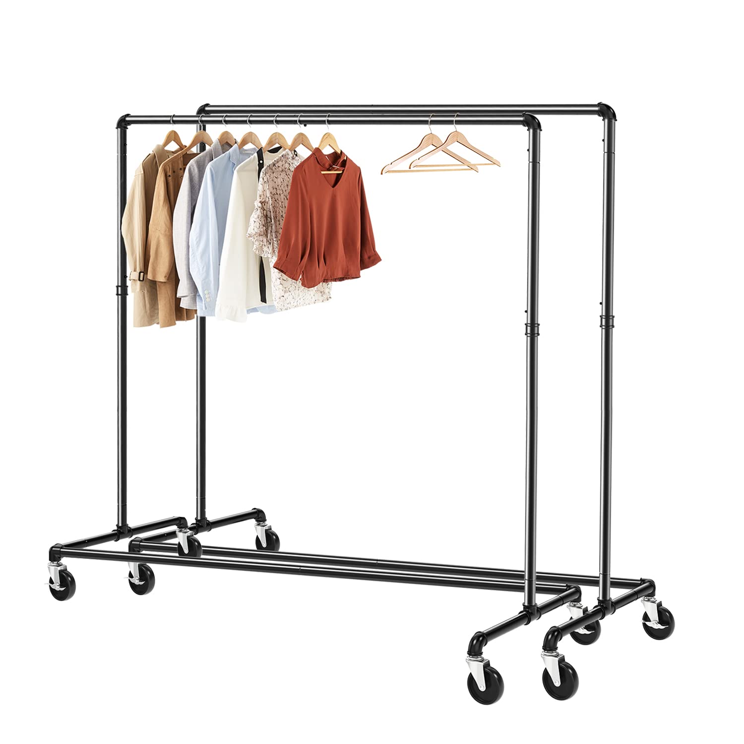 GREENSTELL Clothes Rack, Z Base Industrial Pipe Clothing Rack, Rolling Clothes Rack Heavy Duty on Wheels with Brakes, Garment Rack for Hanging Clothes in Bedroom, Laundry Room, 2 Pack, 59x24x63 inch