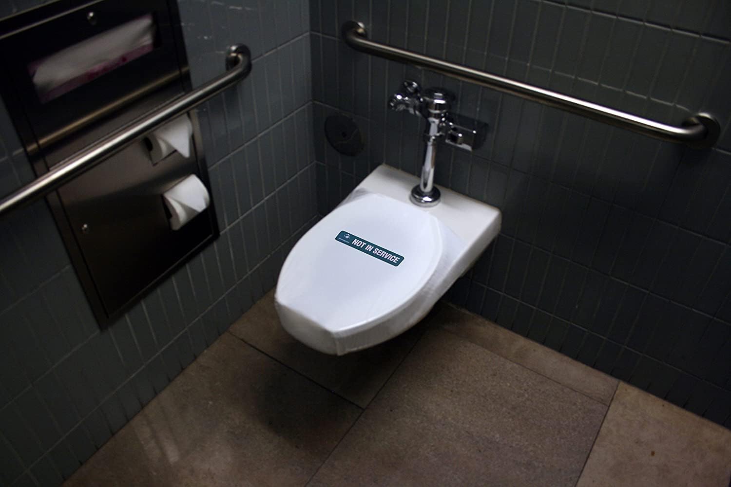 Out of Order Covers for Toilets & Urinals - 32 Application Kit with Green "Not in Service" Labels & Knife - 20" x 28" Self-Adhesive Sheets - Residue-Free Removal & Sanitary Odor Blocking Seal