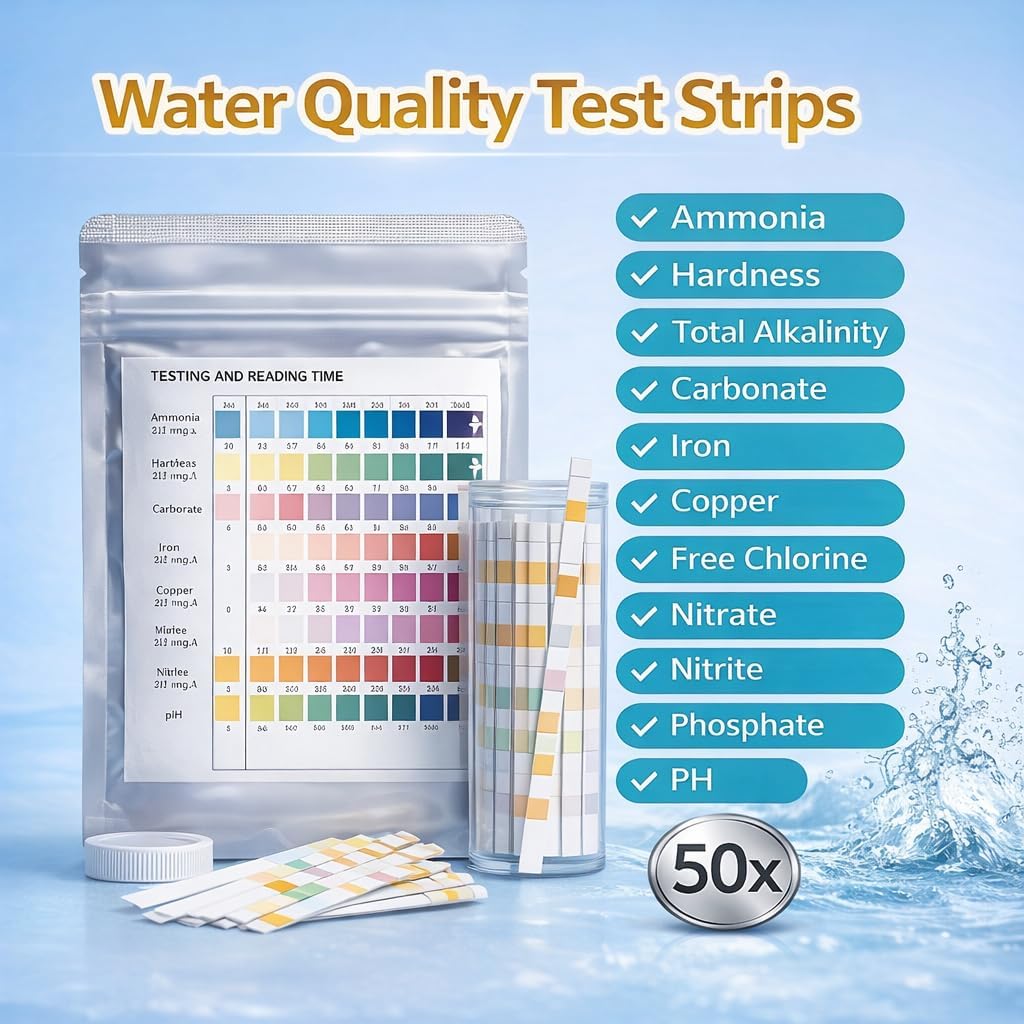 Bandelettes Test Aquarium 11 en 1, Test d’Eau Aquarium avec Tube Plastique et Thermomètre, Test Ammoniac Nitrite Nitrate pH GH KH Chlore Cuivre Phosphate Fer