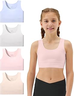 Girls' Training Bras Seamless First Bra 7-8 Girls Sports Bras Longline Crop Bra - No Pads, Chest Double Lined Nude+Light Gray+Candy Blue+Sand Pink