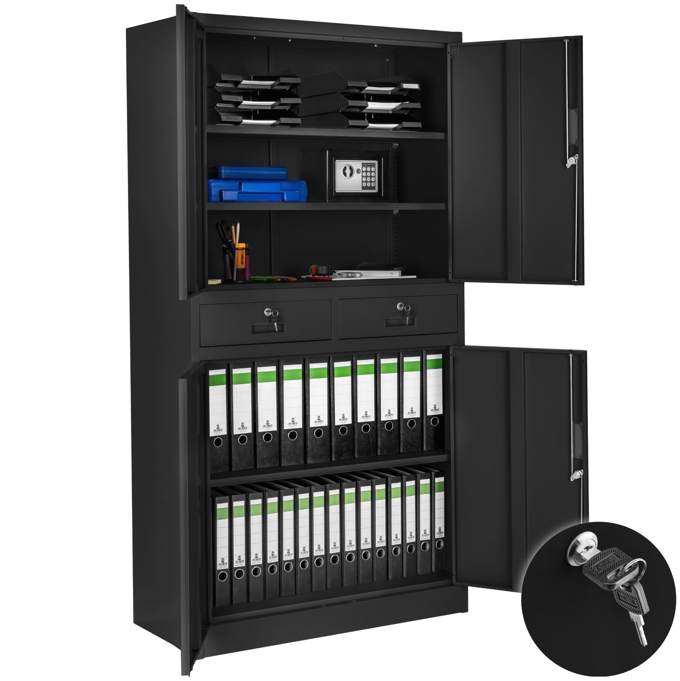 tectake® Aktenschrank, Mehrzweckschrank aus Stahl, Allzweckschrank, Aktenschrank abschließbar, 2 Schrankabteilen, 2 Schubladen, Türen und Schloss, Büroschrank, Werkzeugschrank, 180x80x40cm - schwarz