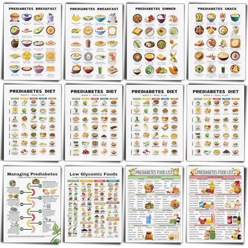 Image of Sinload 12 Pcs Pre Diabetic Food List Poster Prediabetes Meal Plan Low Sugar Glycemic Index List for Type 2 Diabetes