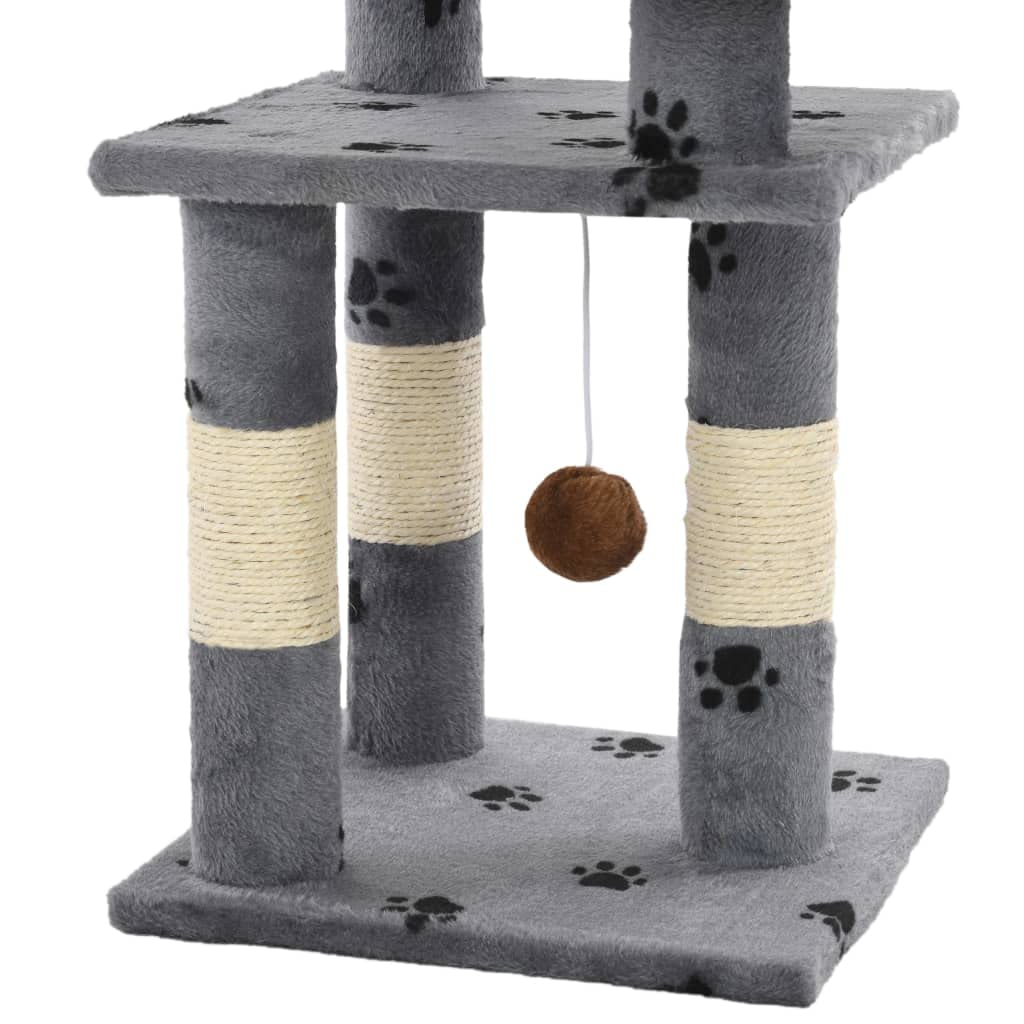 Katzenkratzbaum klein 65cm Kratzbaum für Katzen stabil Kletterbaum mit Sisalstamm Spielball und Aussichtsplattform Kratzmöbel für Wohnung Kratzpfahl Katzenzubehör Grau Pfoten-Muster