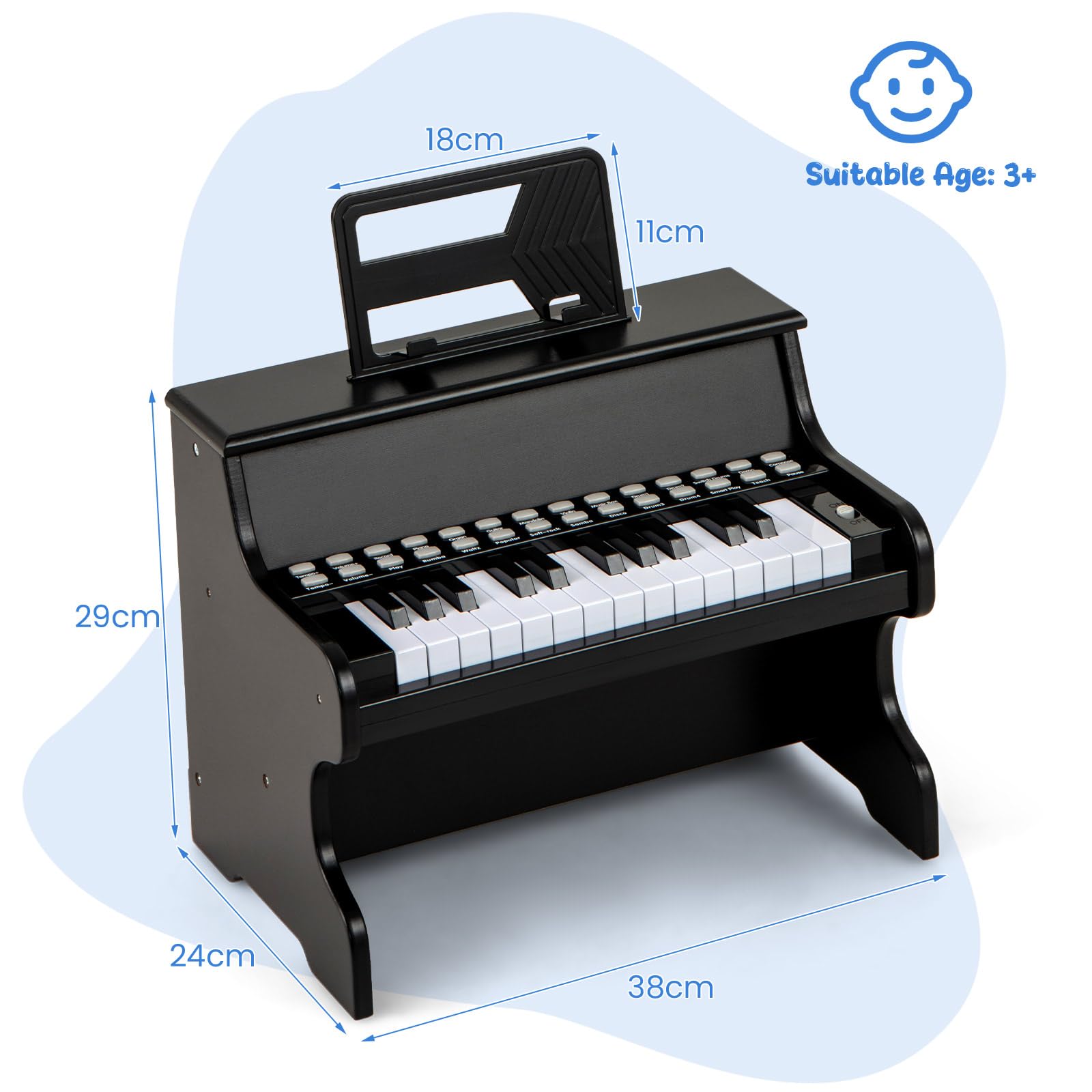 KOMFOTTEU Pianoforte digitale a 25 tasti per bambini, pianoforte in legno con leggio, tasti illuminati, modalità didattica, 6 strumenti, 8 percussioni, tastiera per pianoforte con registrazione e