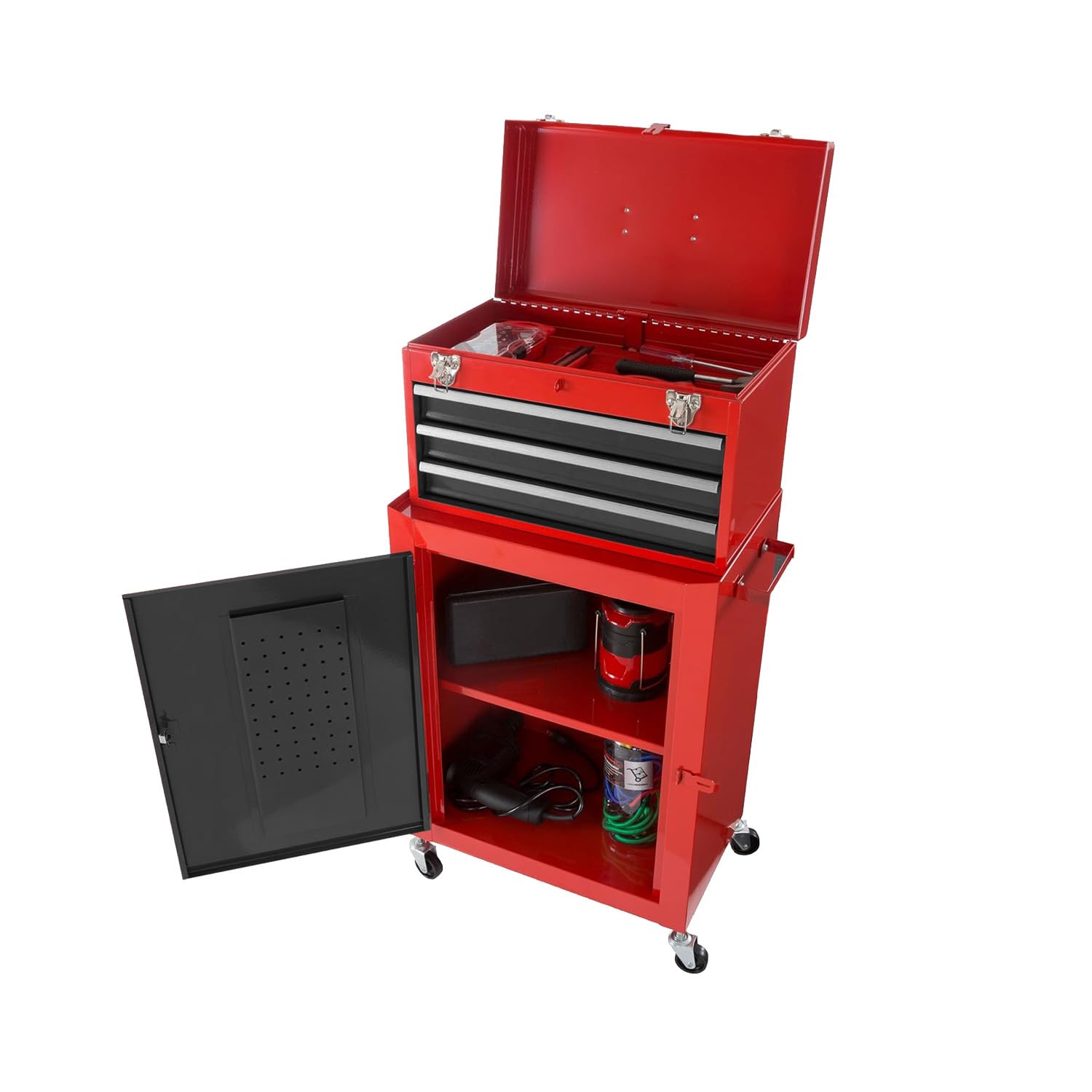 Avilia - Carrello Porta Attrezzi Professionale con 3 Cassetti Scorrevoli e Armadietto con Serratura per Garage e Officina, Struttura in Metallo Verniciato Facile da Spostare
