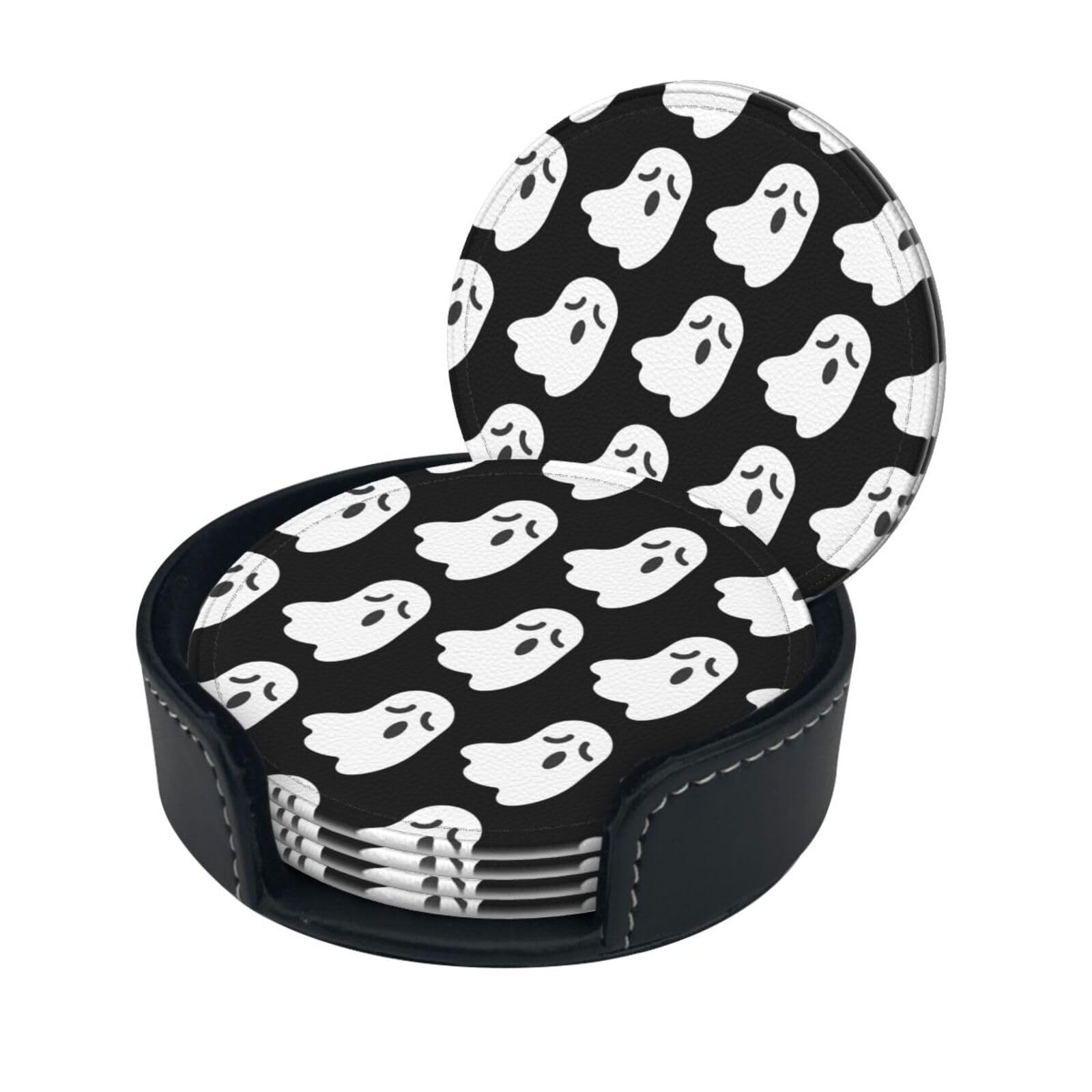 Cute Ghost Halloween Pattern Print Round Leather Coasters - Set Of 6, Ultra-Fiber Pu Leather