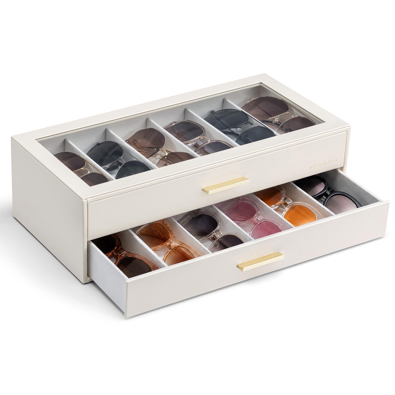 VLANDO Sonnenbrillen Aufbewahrung 2 Etagen, Brillen Aufbewahrungsbox mit Transparentem Glasdeckel für 12 Brillen, Sonnenbrillen Organizer zur Aufbewahrung Mehrerer Brillen, Beige