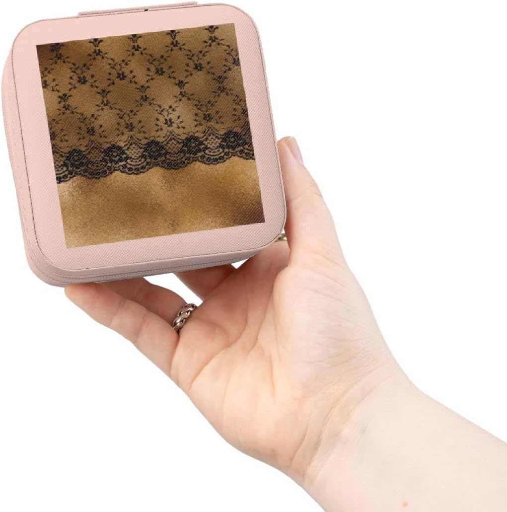3dRose Black Elegant Floral Lace on Luxury Chic Gold Metal Background Jewelry Travel Case Pink