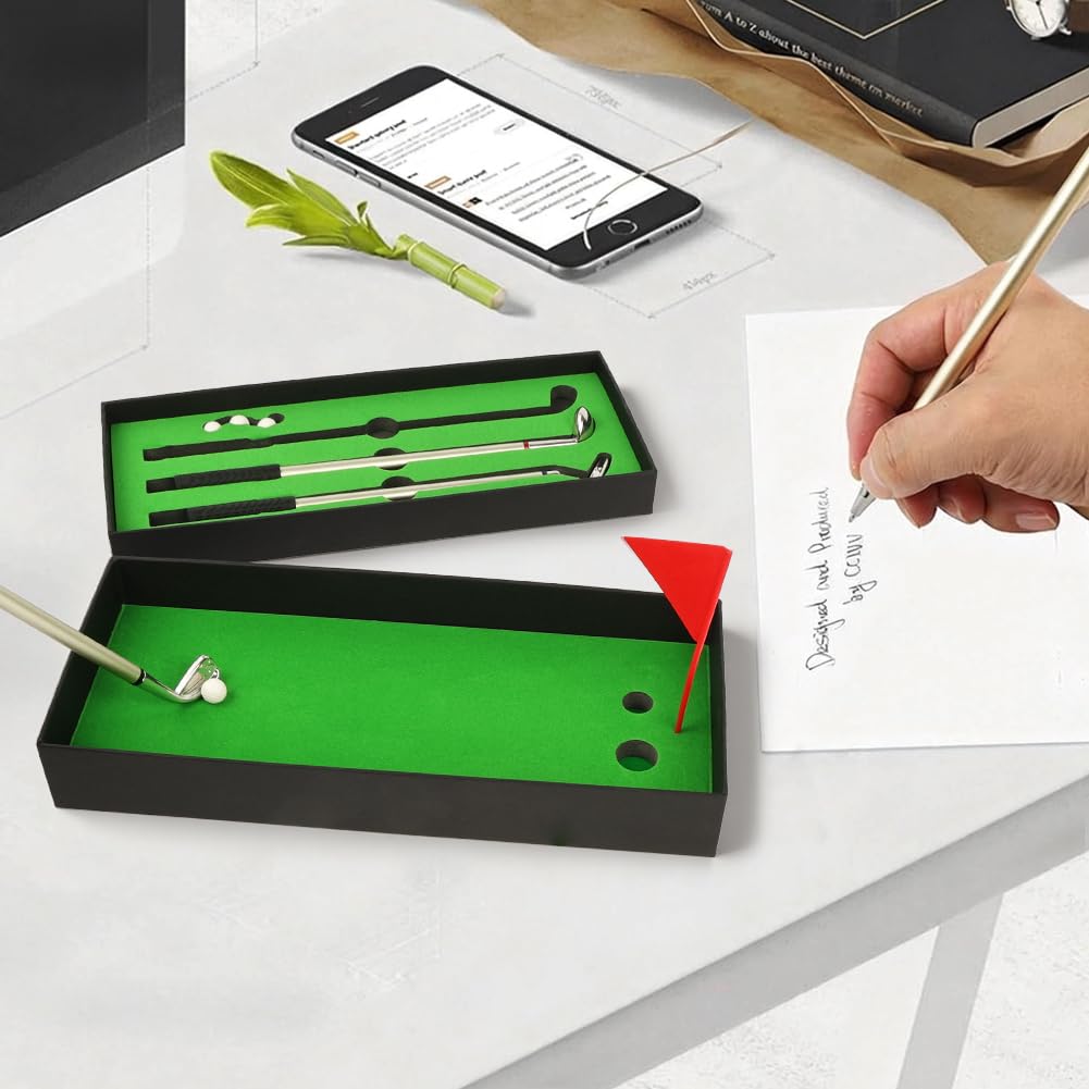 Golf Pen Set with Flag, Mini Golf Club Pen, 3 Pen Holders, 4 Balls, 9 Refills
