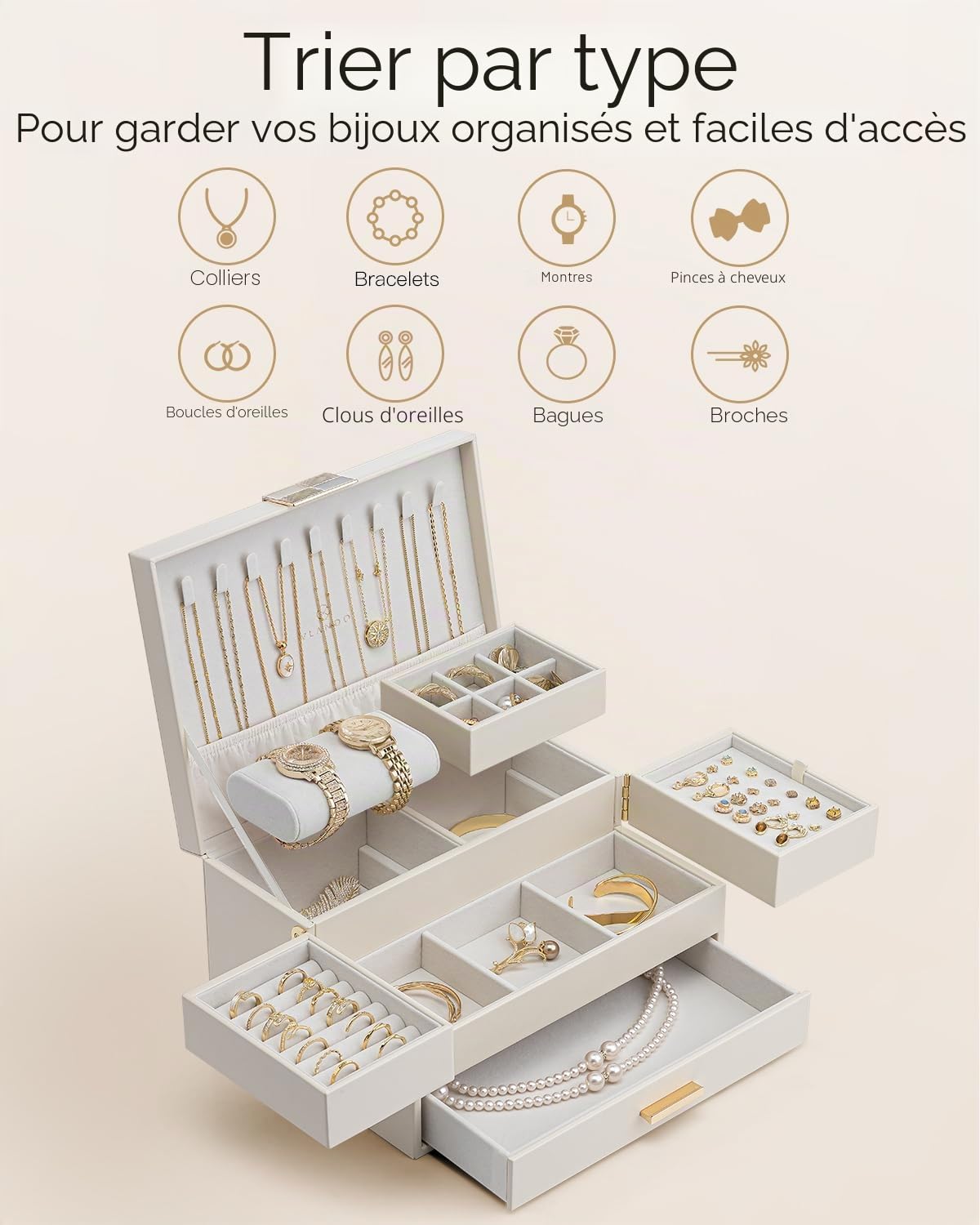 VLANDO Boîte à bijoux grande pour femmes - Organisateur de bijoux avec plateau coulissant - Boîte à bijoux avec tiroir pour colliers, bagues, bracelets, boucles d'oreilles - Pour mères et filles