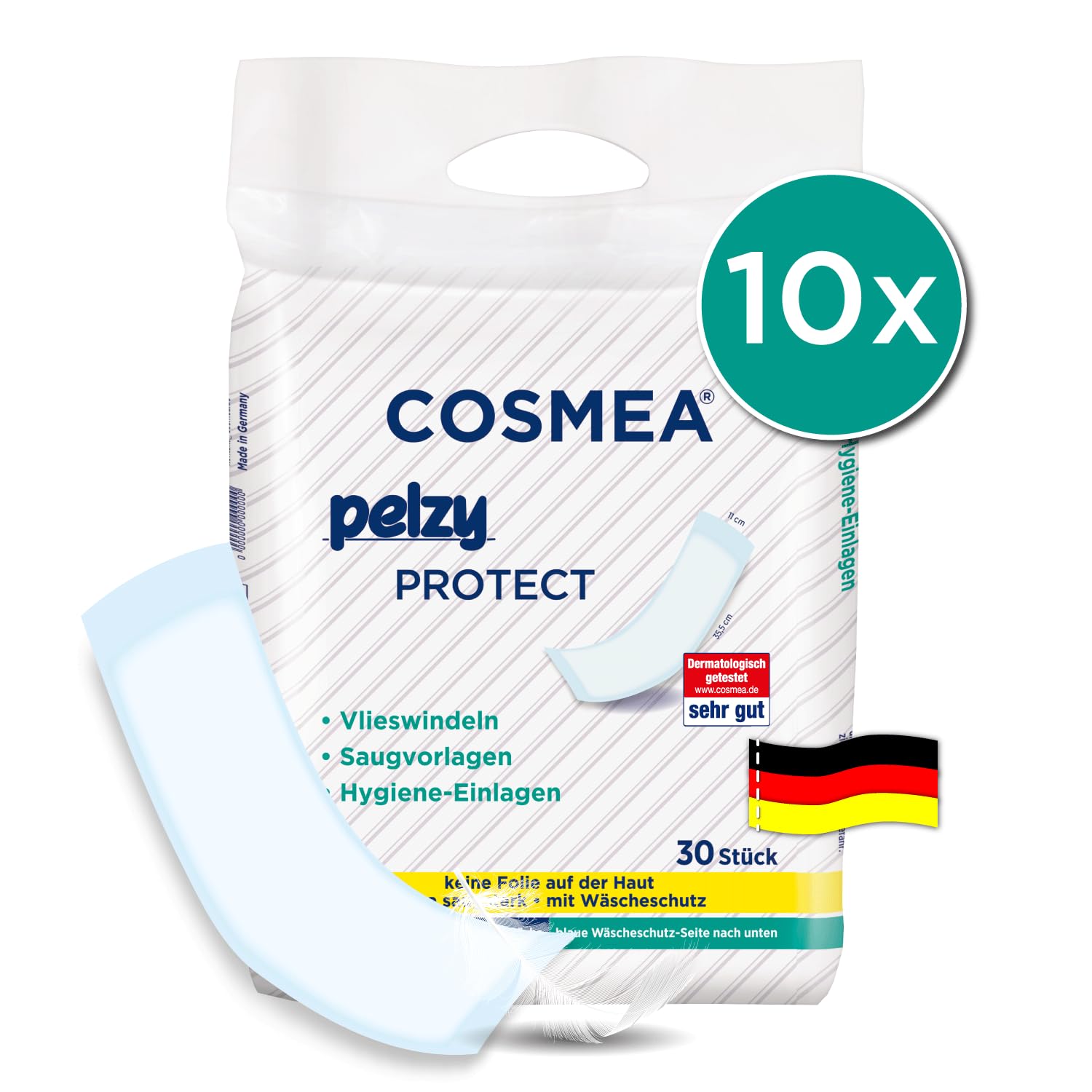 cosmea Pelzy Protect Hygiene-Einlagen/Vlieswindeln, für Wöchnerrinnen, für die tägliche Pflege, extra saugstark, Vorteilspack (10 x 30 Stück) Inkontinenz & Wochenbetteinlagen, made in Germany