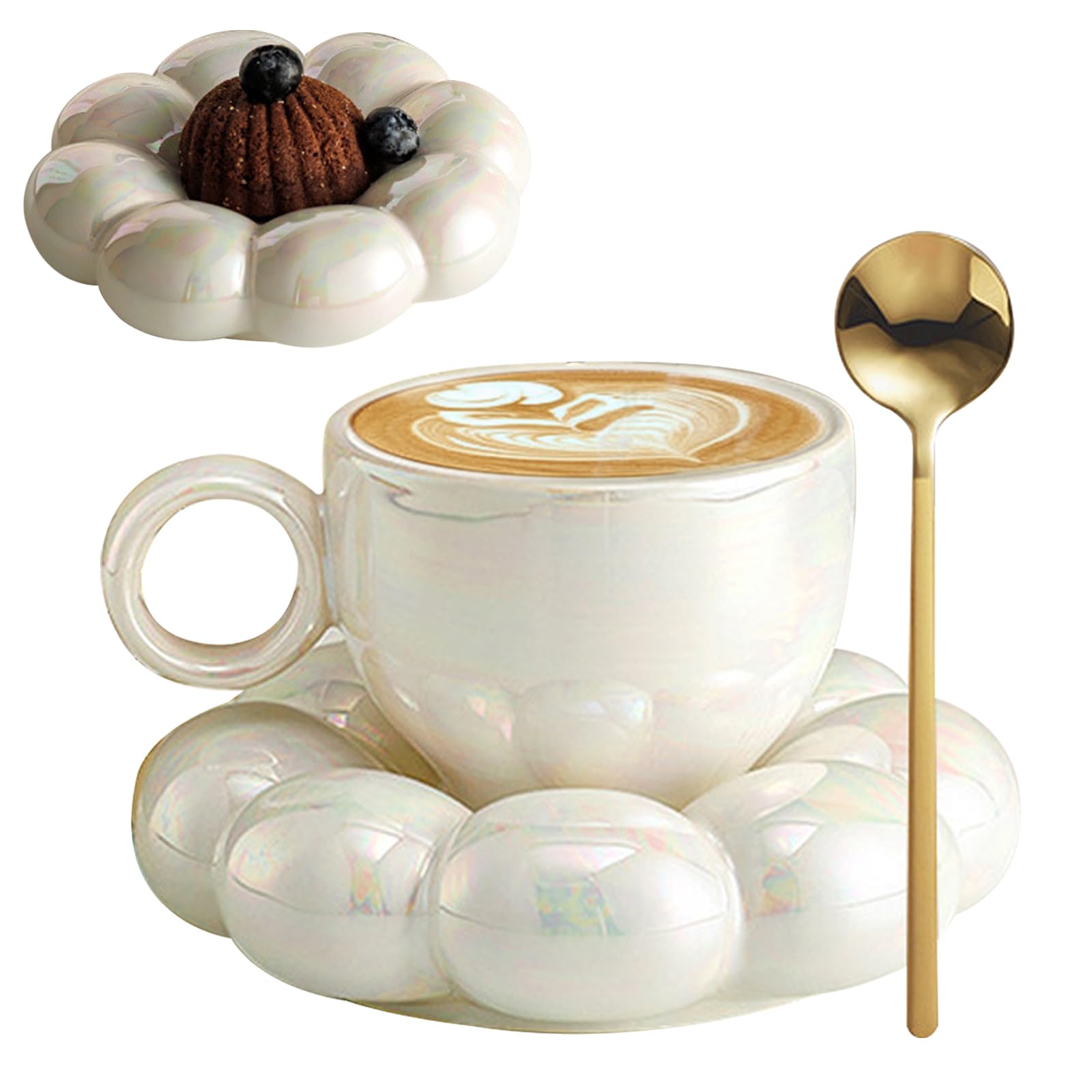 Sunaomni White Ceramic Coffee Mug With Spoon Travel Sunflower Cloud Mug With Saucer 200Ml Afternoon Tea Cup For Latte, Cappuccino Cloud Mug Coffee Mug Ceramic Mug Sunflower Mug