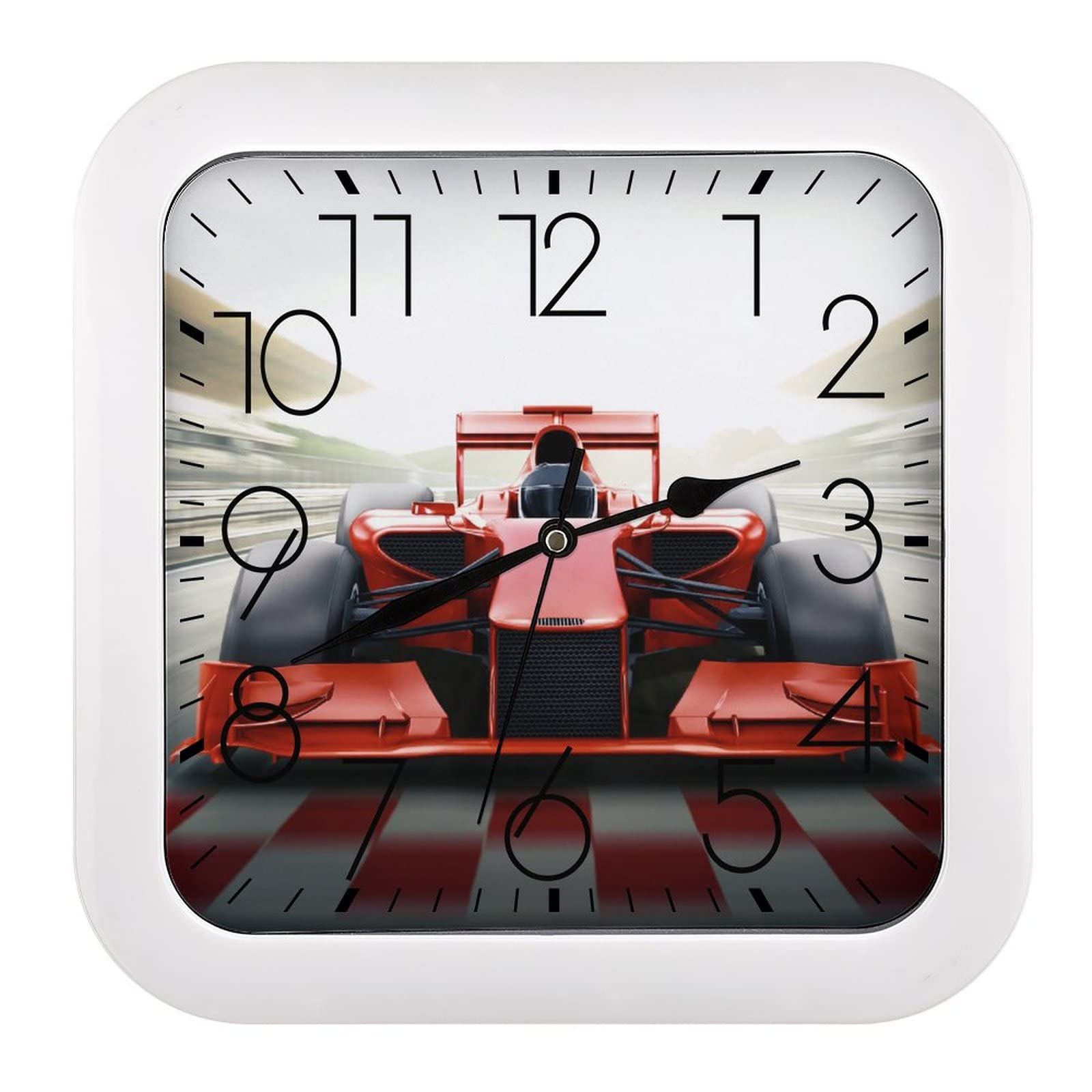 Horloge Murale Carrée Voiture de Course Rouge 26x26cm à Grands Chiffres