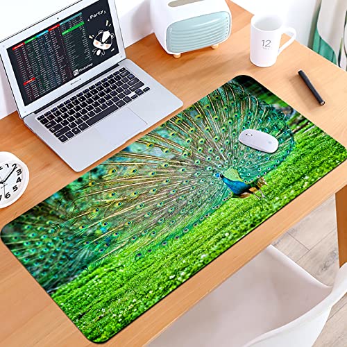 SHIVNAMI Alfombrilla Raton Grande Gaming Mouse Pad,Pluma de cortejo de Apertura de Pavo Real de césped Natural ecológico,Lavable, Antideslizante Diseñada para Gamers, Trabajo de Oficina