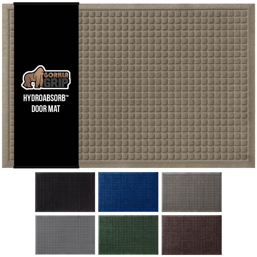 GORILLA GRIP Front Door Mat, Indoor Outdoor Ultra Absorbent HydroAbsorb Doormat, Absorbs Up to 1.7 Cups of Water, Stain and Fade Resistant, Rubber Backing Doormats, Captures Dirt, 29x17 Beige