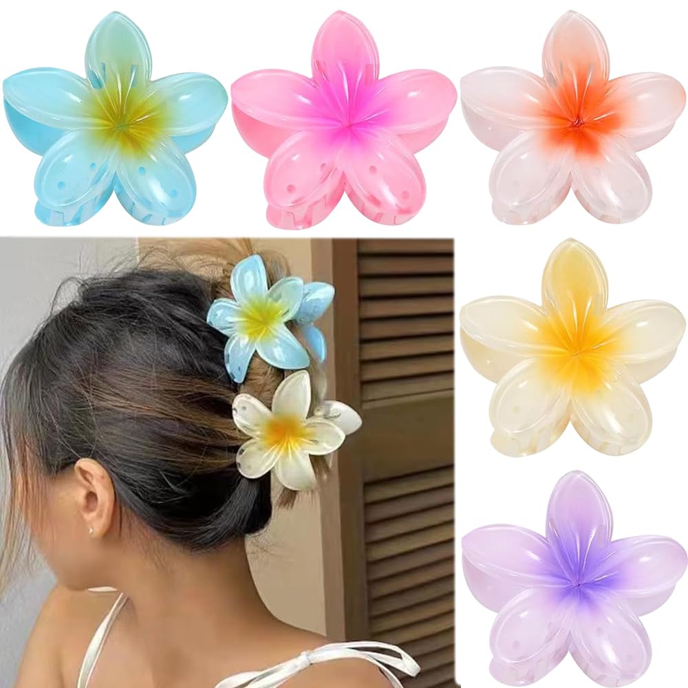 Blumen Haarklammer, Hibiskus Haarklammer, Groß Hawaii Blumen Haarklammer Blau Weiß Pink Gelb Blumen Haarspange, Hawaii Blumen Haarklammer für Frauen(5Stück)