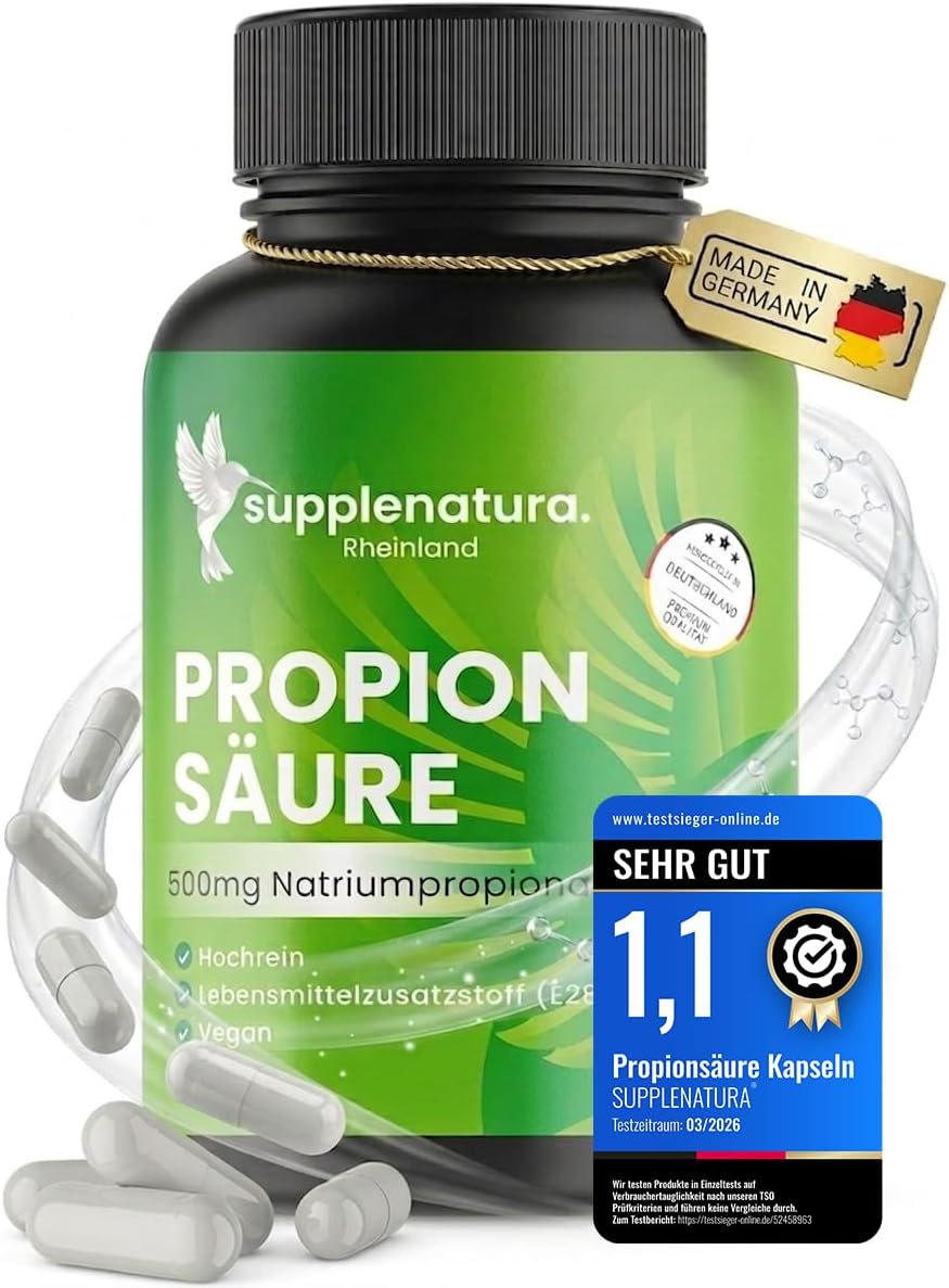 Propionsäure - 1000mg Tagesdosis - Natriumpropionat - Laborgeprüft - Vegan - Deutsche Herstellung – Propionsäure Kapseln von SUPPLENATURA®