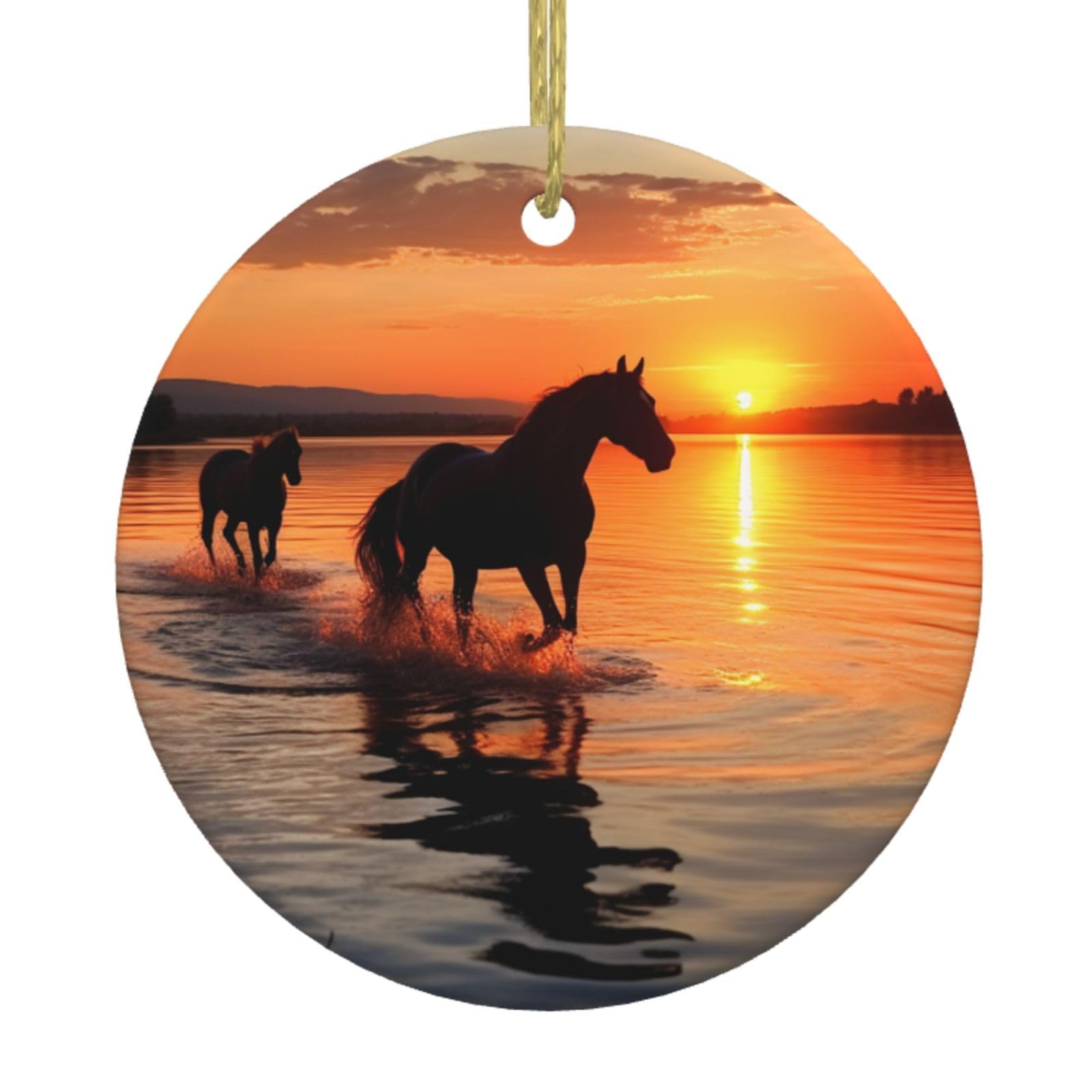 Fodpand Women's White Sunsets Lake Horses Christmas Ornaments 2025, Gift Exchange For Men, Collectible Ceramic Ornament Round Hanging Ornaments For Christmas Tree Decoration