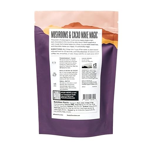 Miniatura 7 de Raaka Mezcla de hongos mágicos de chocolate con melena de león, reishi y lucuma  Chocolate caliente con hongos adaptógenos gourmet  Orgánico, bajo