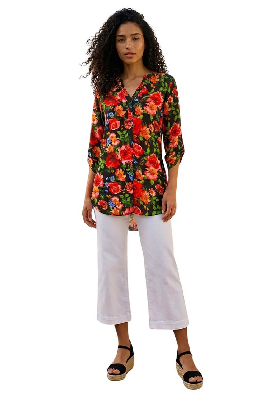 Roman Women's Red Floral Longline Button Top In | : Size 12