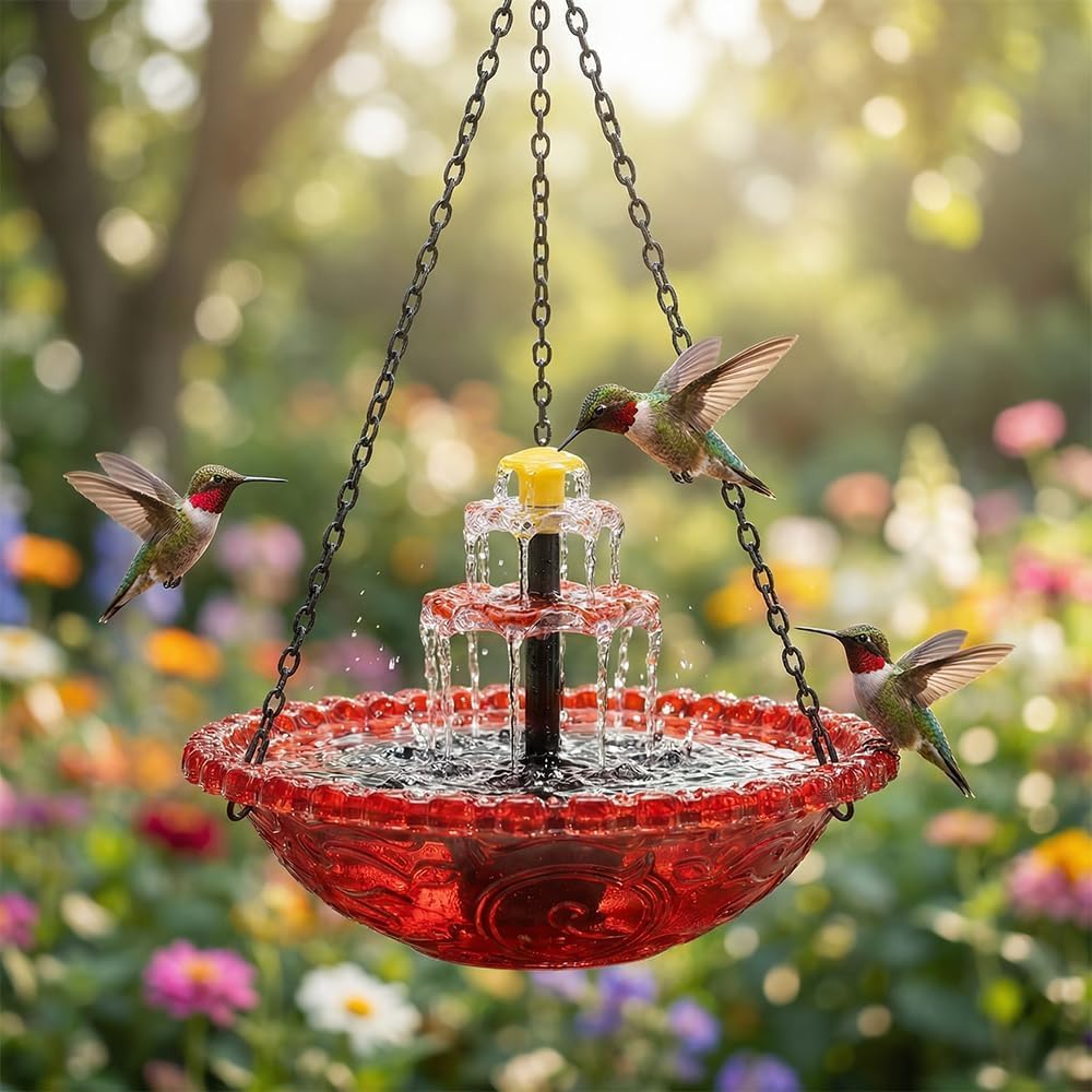 Solar Cascade Hanging Bird Bath Fountain, New Hanging Bird Bath with Flowing Water, Bird Bath Fountain Decorative Garden Yard Patio for Outdoor (Red)