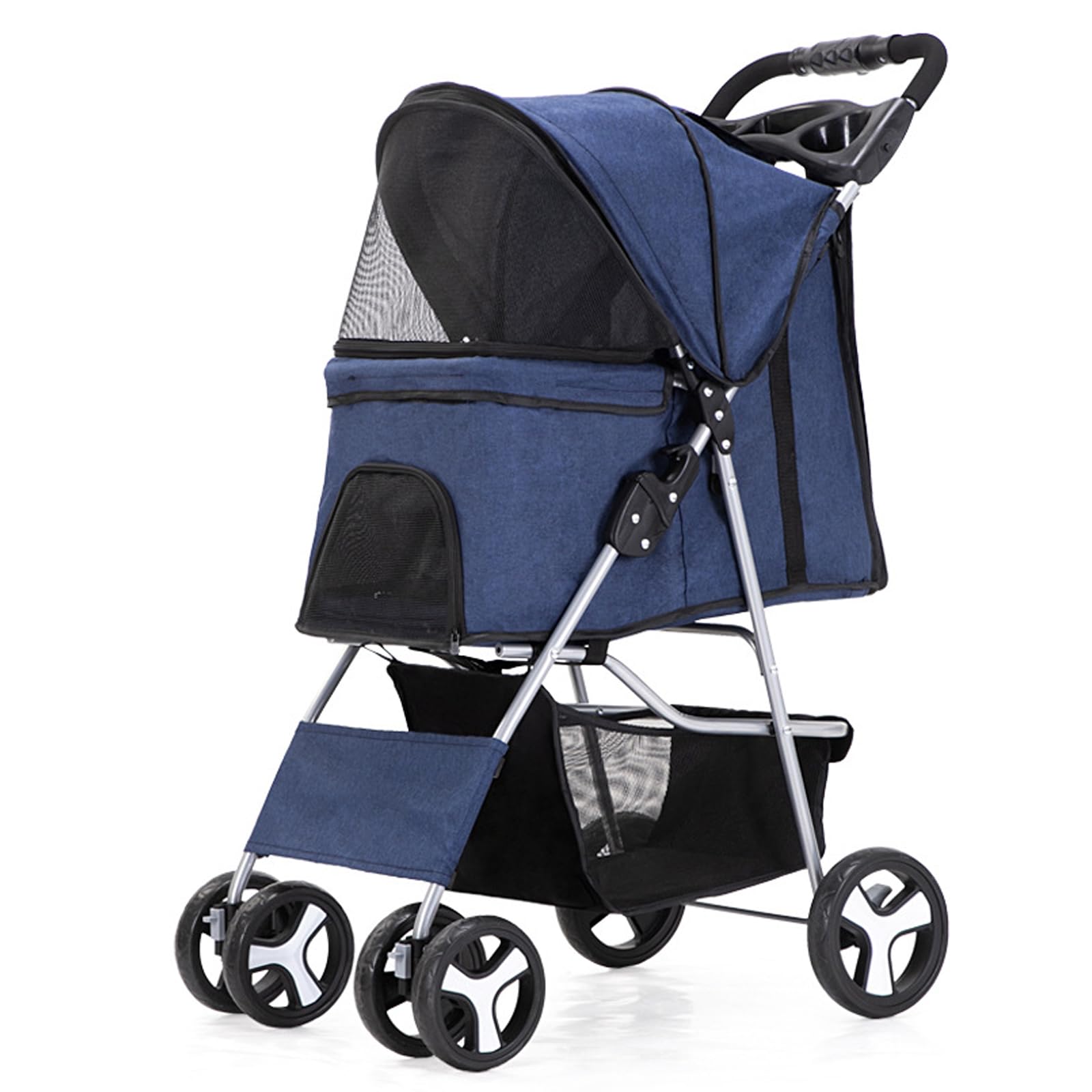 PJDDP 4 Wheels Pet Stroller for Medium Small Dogs & Cats, One-Hand Folding Portable Foldable Carrier Strolling Cart with Large Storage Basket,Front 360-Degree Swivel Wheel,linen blue
