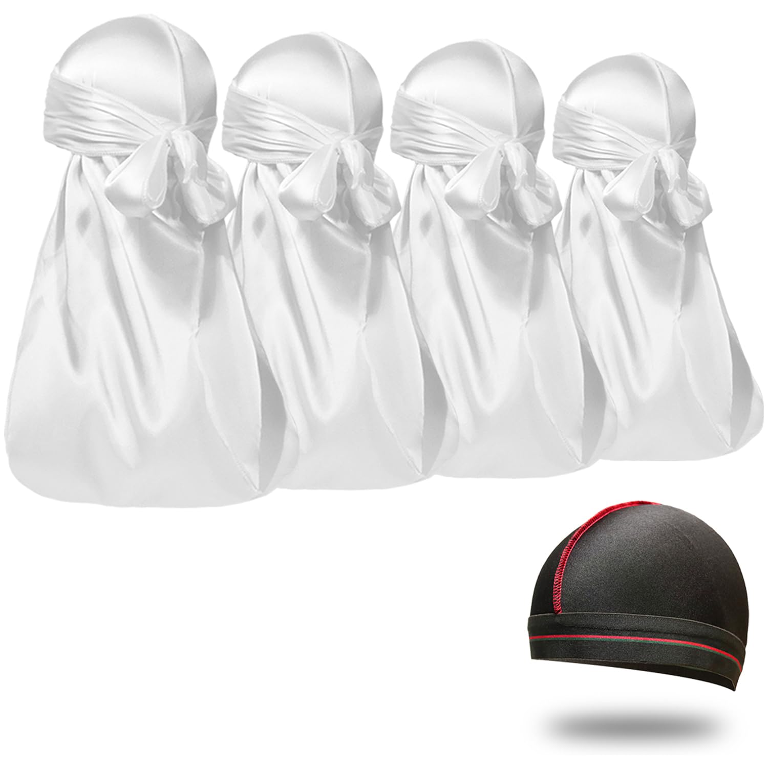 ForceWave 4PCS Silky Durags for Men Women 360 Waves with 1 Wave Cap | Silky Satin Moisture-Tech Fabric, Extra Long Tails, Unisex Fit, for Workouts, Cycling and Wave Training