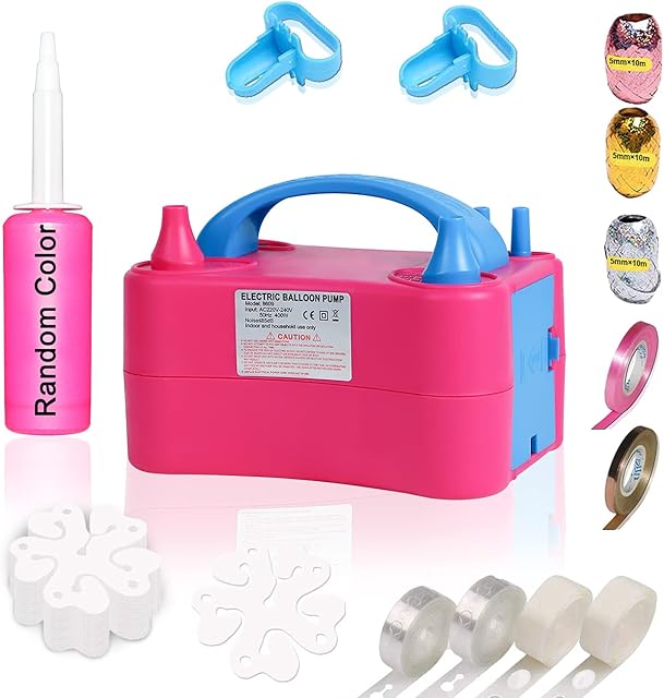 Gifts2U Electric Balloon Pump, 230V 400W Portable Dual Nozzles Air Inflator with 20 Flower Clips, 2 Tying Tools, 2 Tape Strips, 5 Colored Ribbons, 2 Dot Glues and 1 Hand Blower for Party Decoration
