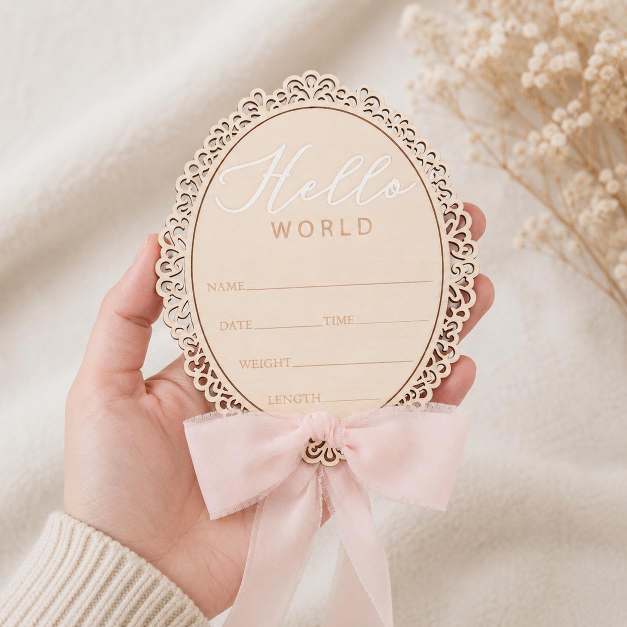 Wooden Baby Announcement Sign, Hello World Newborn Plaque, Hospital Reveal Photo Prop, Nursery Decoration (Bow D32)