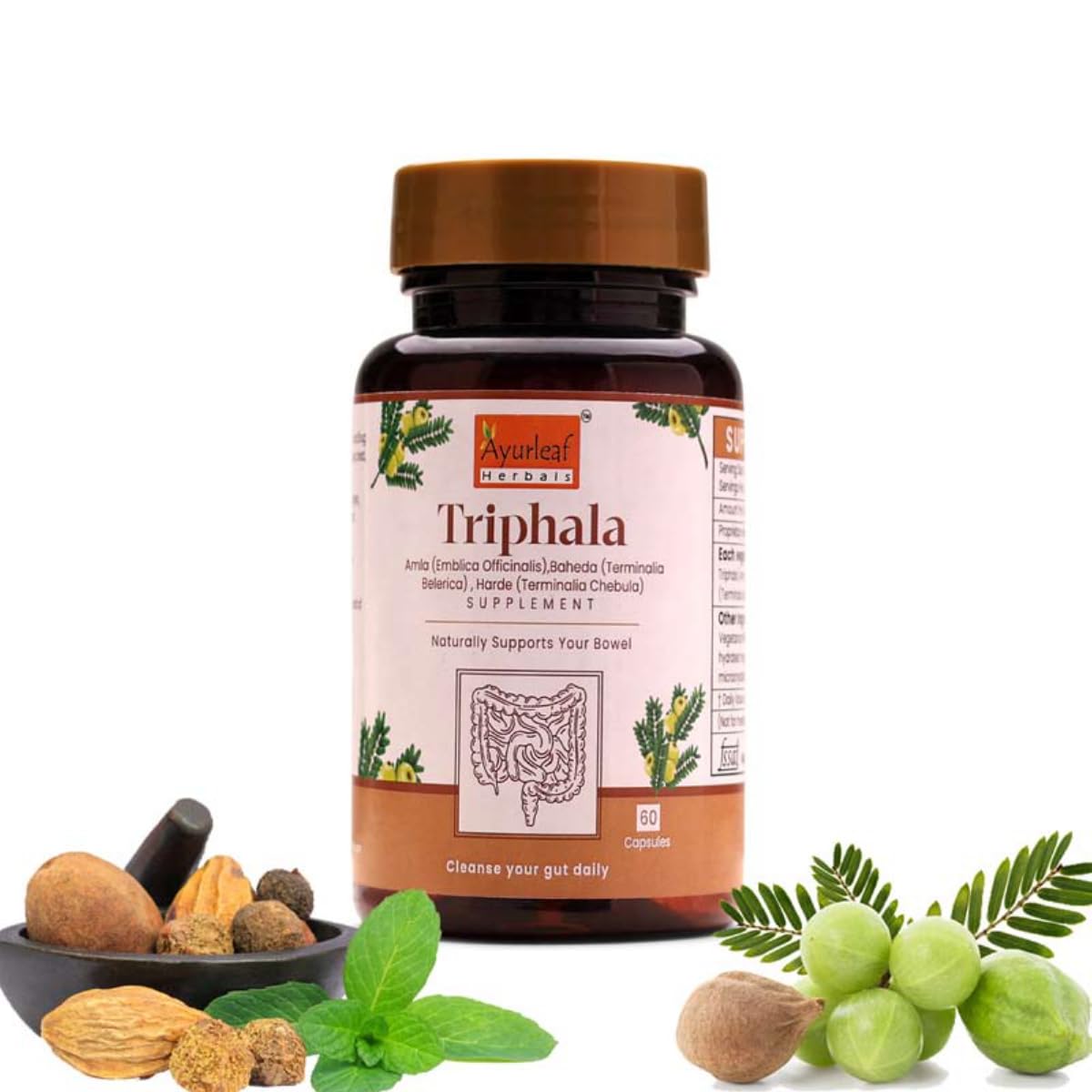 Ayurleaf Herbals Triphala Capsules | For Healthy weight management | Helps to Boost Immunity & Relief from Digestion | Antioxidant Properties (Pack of 2, 120 Capsules)