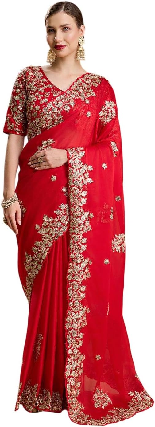 Women's Indian Wedding Embroidered Saree, Floral Gold Zari Border, Bridal Wedding Wear, Purple & Red