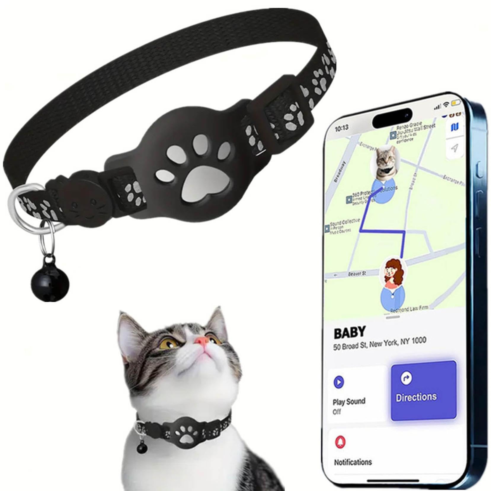 Collar GPS de gato rastreador, collar de rastreo GPS para gatos y perros, sin suscripción y SIM, compatible con iOS/Android/HarmonyOS, IPX5 resistente a salpicaduras (iOS, negro)