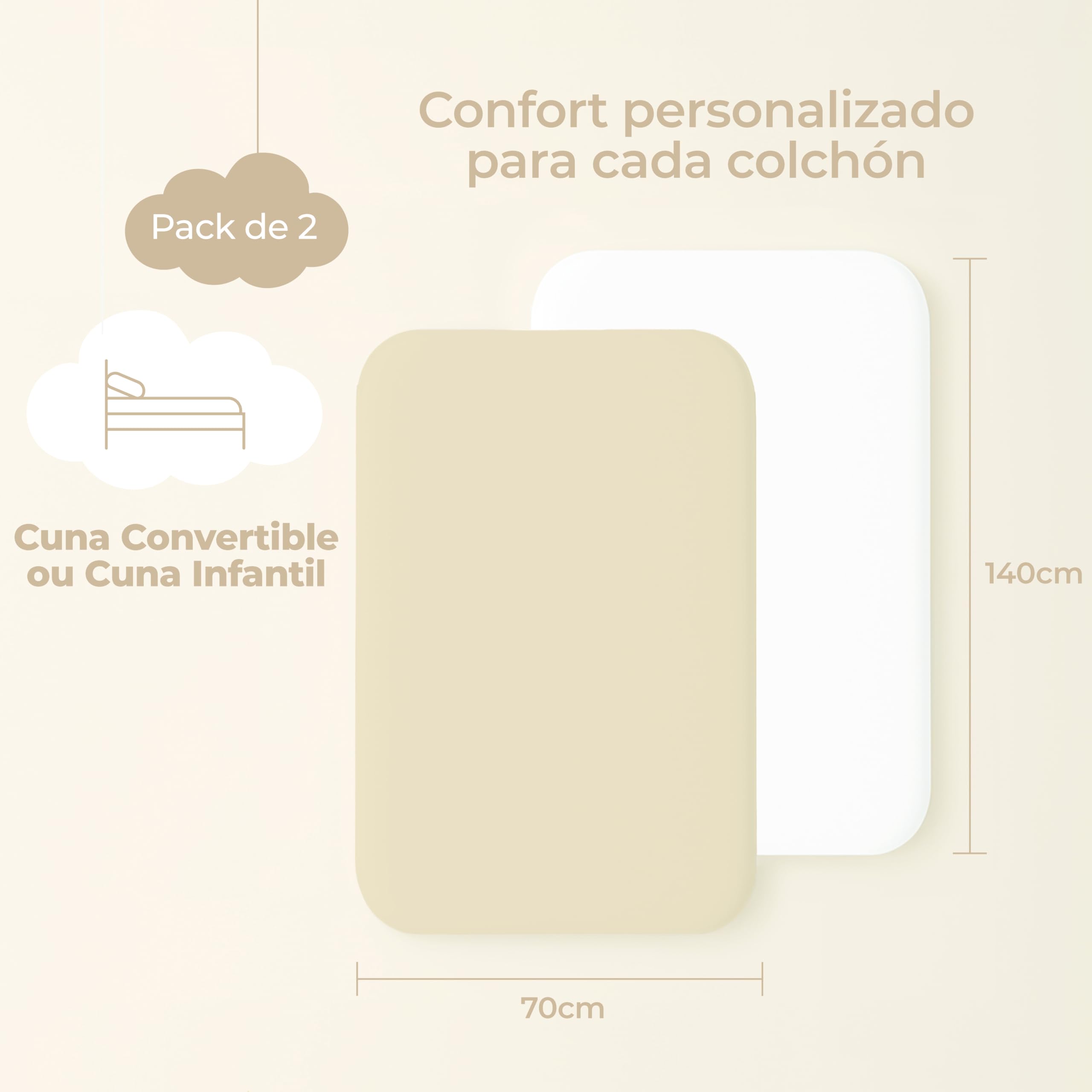 Dreamzie Juego de 2 Sabana Bajera Cuna 70x140 Algodon - Ajustables, Oeko Tex Certificado - Sabanas Cuna 70x140 para Colchon y Cama Infantil - Beige/Blanco