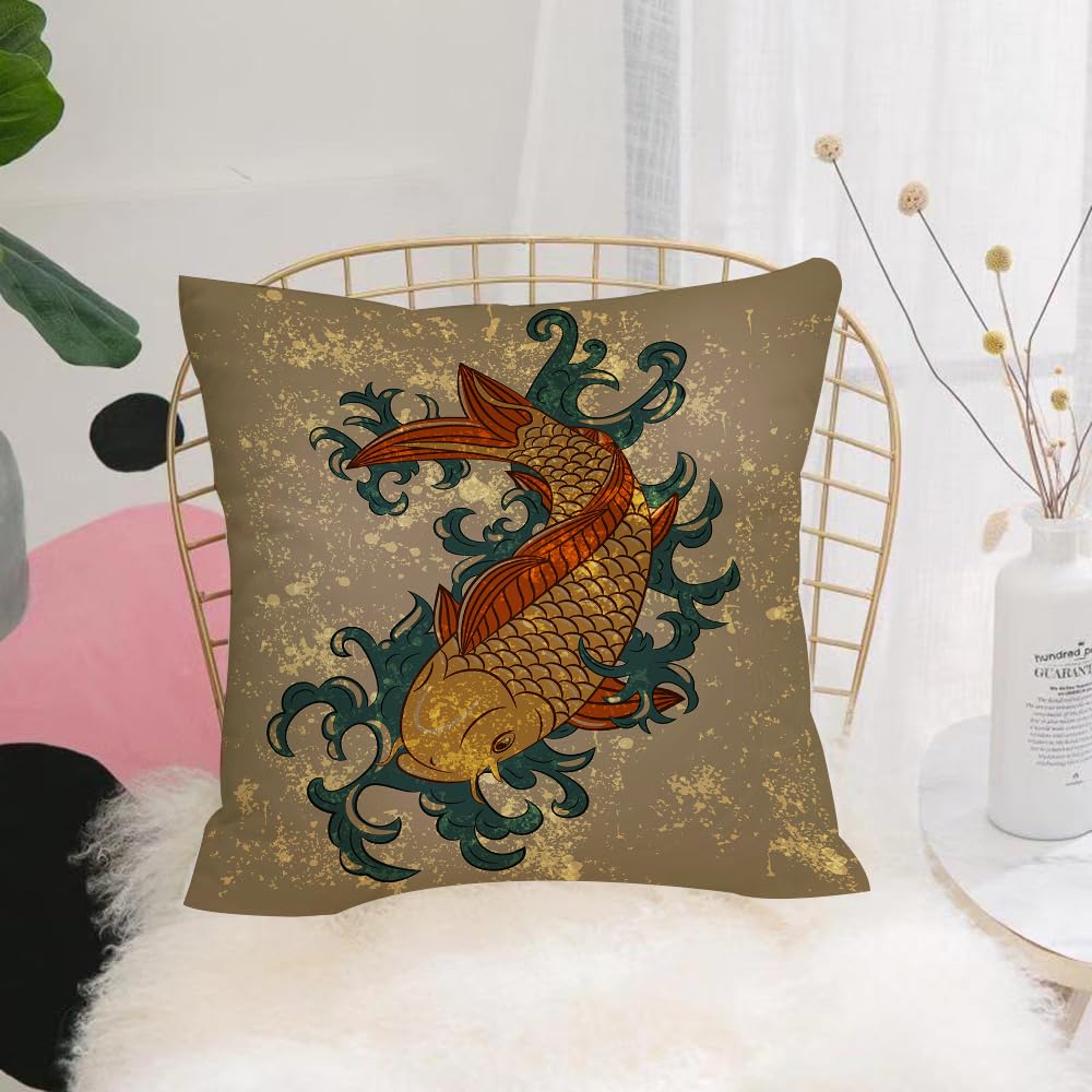 HYOSXW Cushion Cover,Throw Pillow Case Home Decorative for Living Room Bedroom Sofa Chair 16X16 Inch,Japanese Grunge Asian Style Oriental Cold Water Koi Carp Fish,Pillowcase 40X40cm