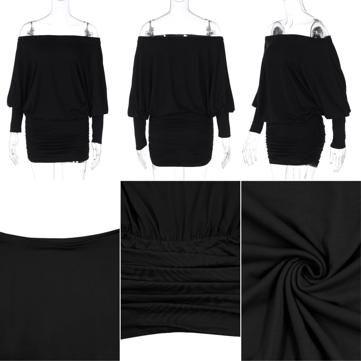 AMPOSSTO Women's Sexy Sheer Off The Shoulder Mini Blouse Dress Loose Fit Batwing Long Sleeve Ruched Bodycon Dresses - Image 7