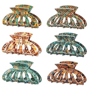 Cobahom 6 Pcs 3.35 Inch Medium Claw Clips for Thin Hair, Printed Hair Clips for Hair Styling, Acrylic No-Slip Jaw Clamps for Women Girls, Ethnic Style