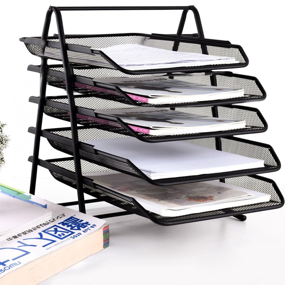 Holdfiturn 5-Tier Mesh Desk Organizer - Office Filing Trays Holder, A4 File Storage Letter Tray Drawer Organizer - Mesh Collection