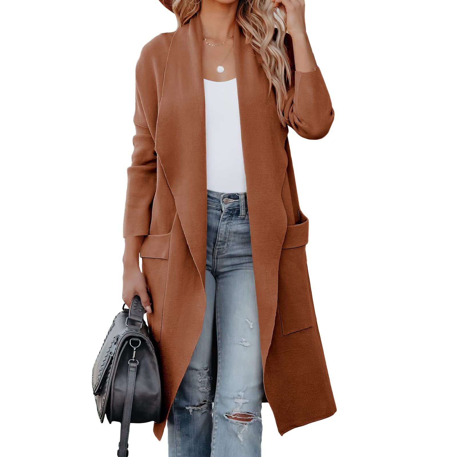 kinstell Lässige Damen-Strickjacke, langärmelig, vorne offen, drapiert, Lange Strickjacke, Jacken, Pullover, Mantel, Blazer mit Taschen
